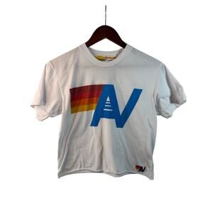 Aviator Nation White Retro Logo Crop Tee Size Small Raw Hem 70s Style California